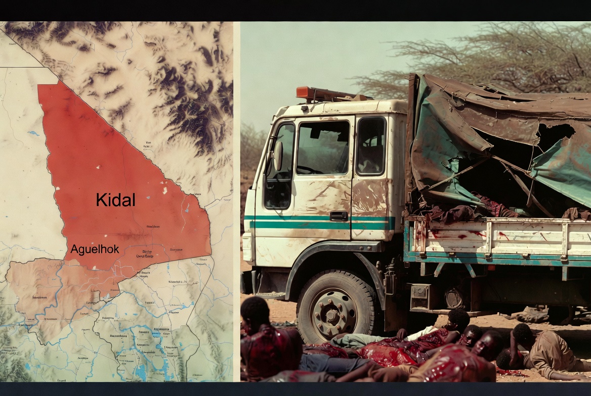 A destroyed civilian truck lies in the desert after an IED explosion near Aguelhok, Mali