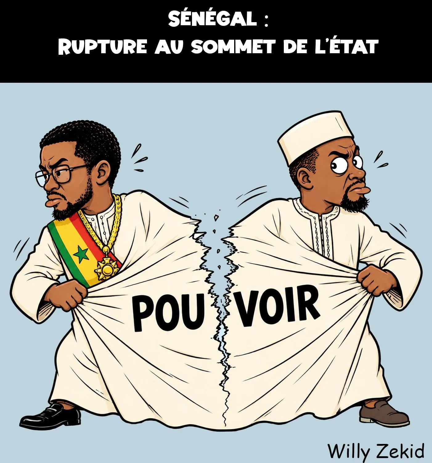 Political cartoon depicting Ousmane Sonko and Bassirou Diomaye Faye tearing apart a garment labeled 'power'