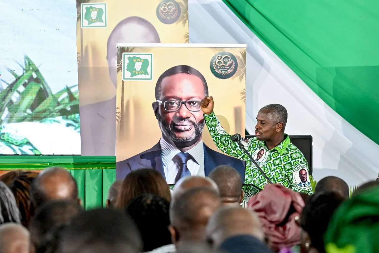 Calice Yapo Yapo, the PDCI's executive secretary, at the party's 80th anniversary celebration on April 9, 2026, in Abidjan.