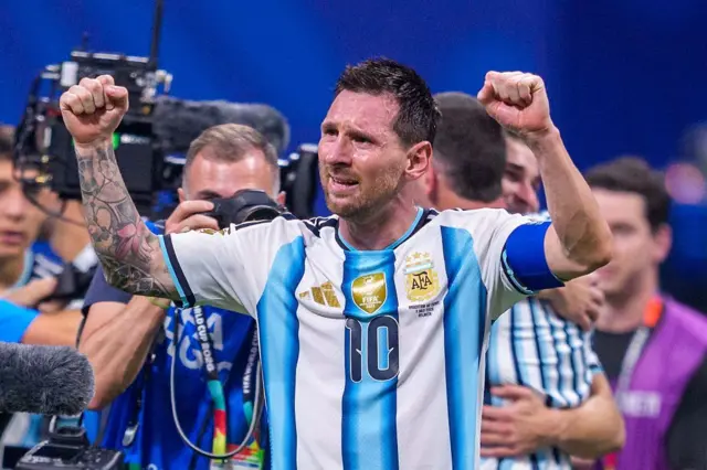 Lionel Messi, Argentina's number 10, celebrates after a World Cup round-of-16 win over Egypt at Atlanta Stadium on July 7, 2026.