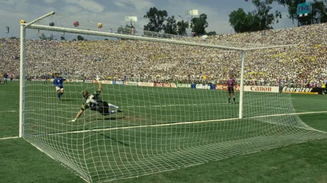 Roberto Baggio misses a penalty for Italy against Brazil in the 1994 World Cup final.