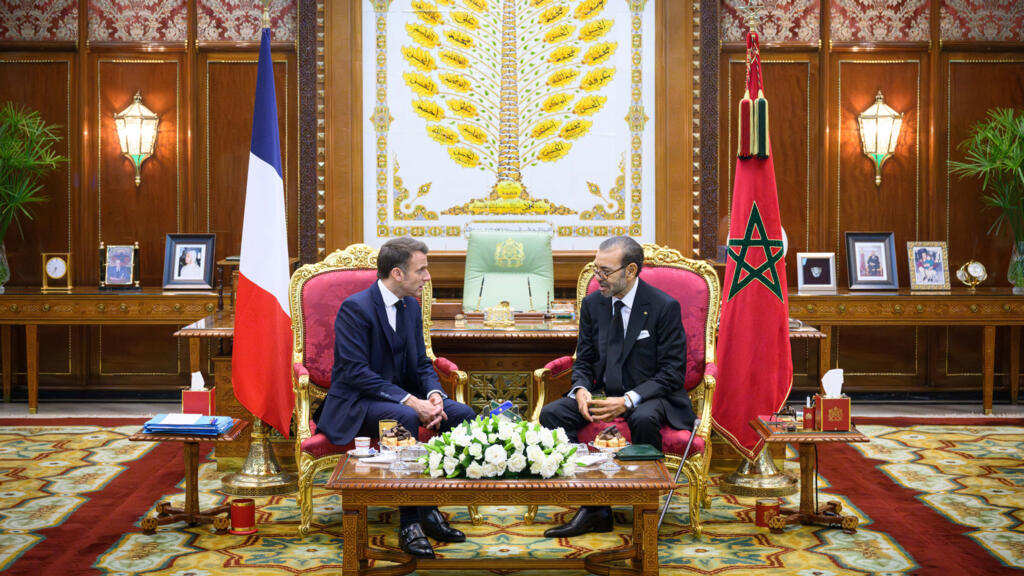 French President Emmanuel Macron welcomed by Morocco's King Mohammed VI in Rabat on October 28, 2024