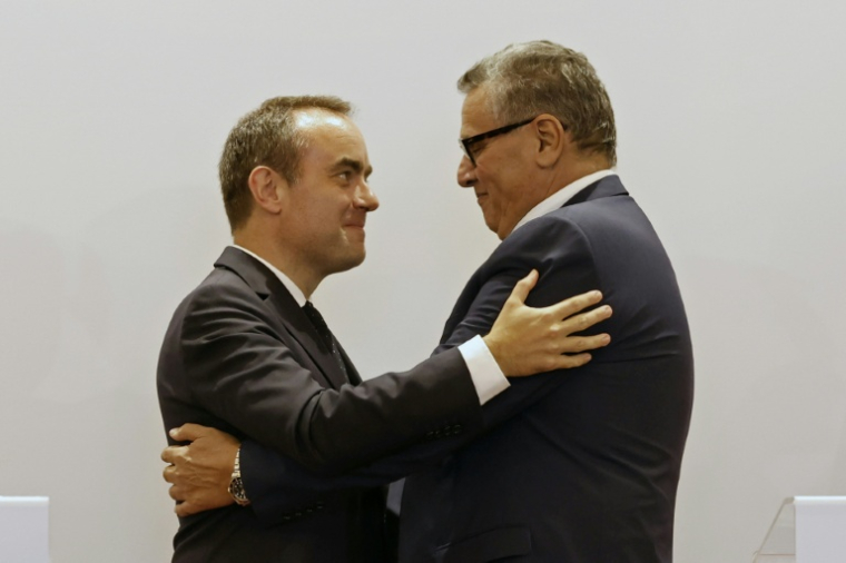 French Prime Minister Sébastien Lecornu (left) and Moroccan counterpart Aziz Akhannouch embrace after a press conference in Rabat