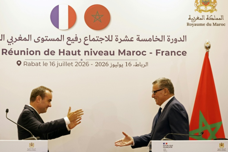 French Prime Minister Sébastien Lecornu (left) and Moroccan counterpart Aziz Akhannouch during a joint press conference at the Ministry of Foreign Affairs in Rabat on July 16, 2026