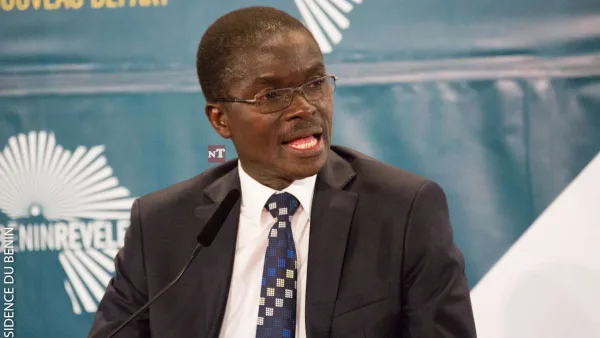 Lazare Maurice Sehouéto speaking at a political forum in Cotonou