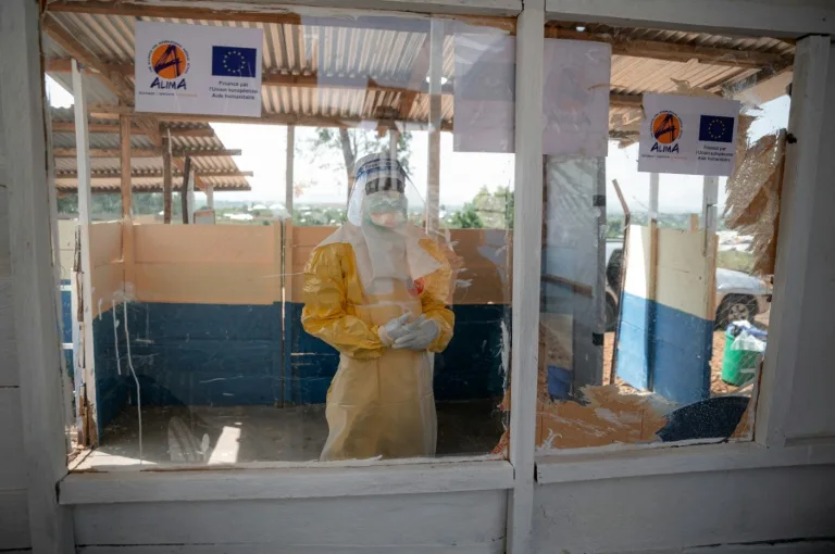 Healthcare workers in protective gear during Ebola response in Democratic Republic of Congo