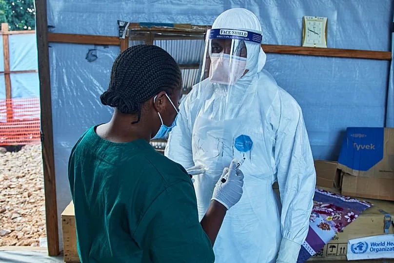Health workers converse at the Evangelical Medical Centre in Bunia, July 3 2026