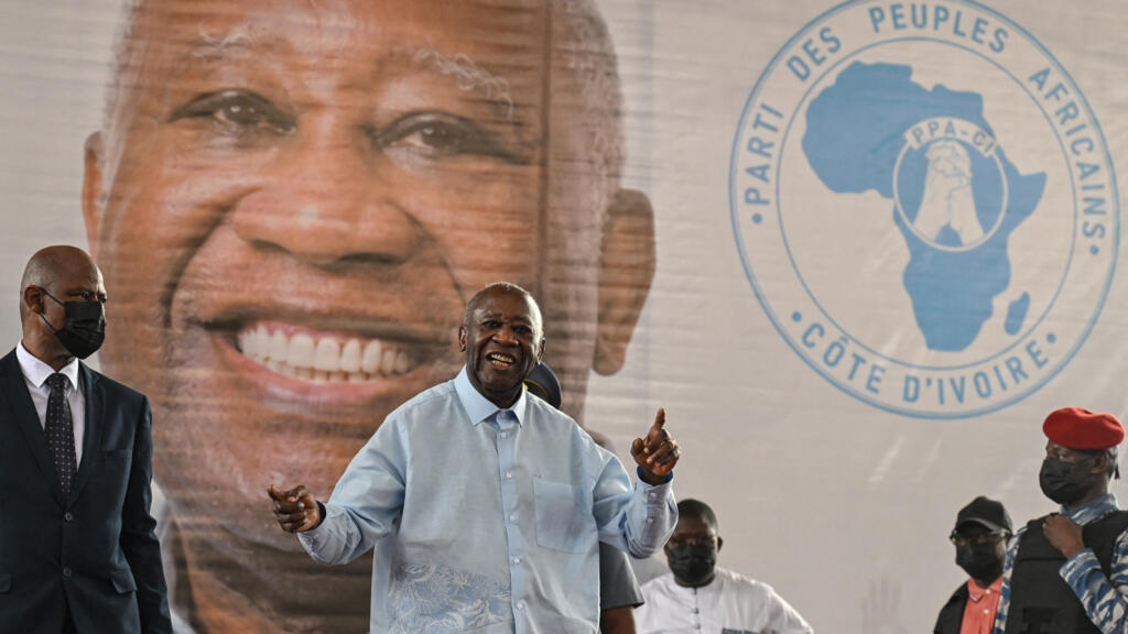 Former Ivorian President and PPA-CI leader Laurent Gbagbo (center) speaking at the closing ceremony of his party's first congress in Abidjan on May 15, 2026